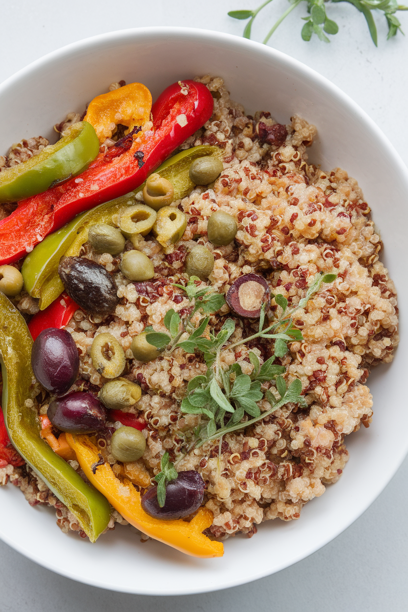 Indoor overhead shot of colorful roasted pepper strips, sliced olives, and capers mixed into quinoa; no logos or text.
