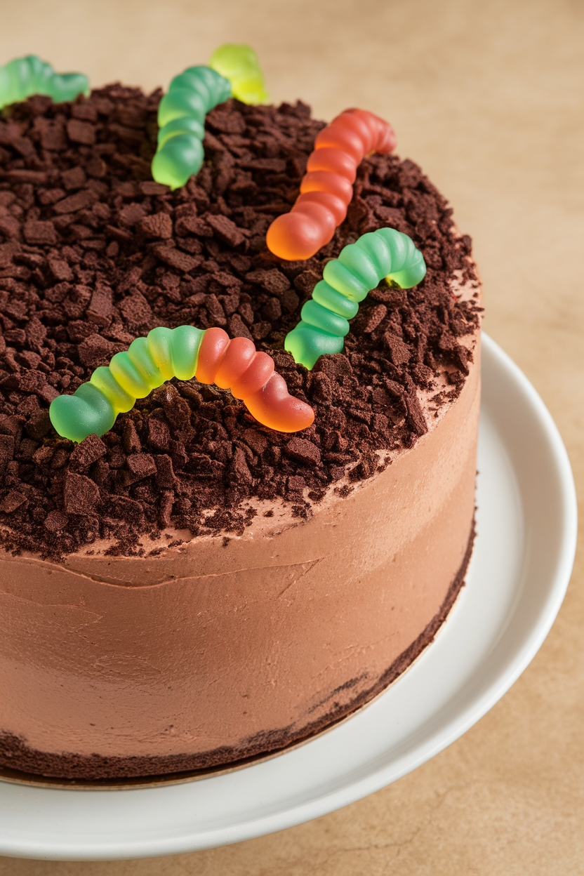 Indoor photo of a chocolate pudding cake topped with crushed cookie “dirt” and gummy worms crawling out. No text or logos present.