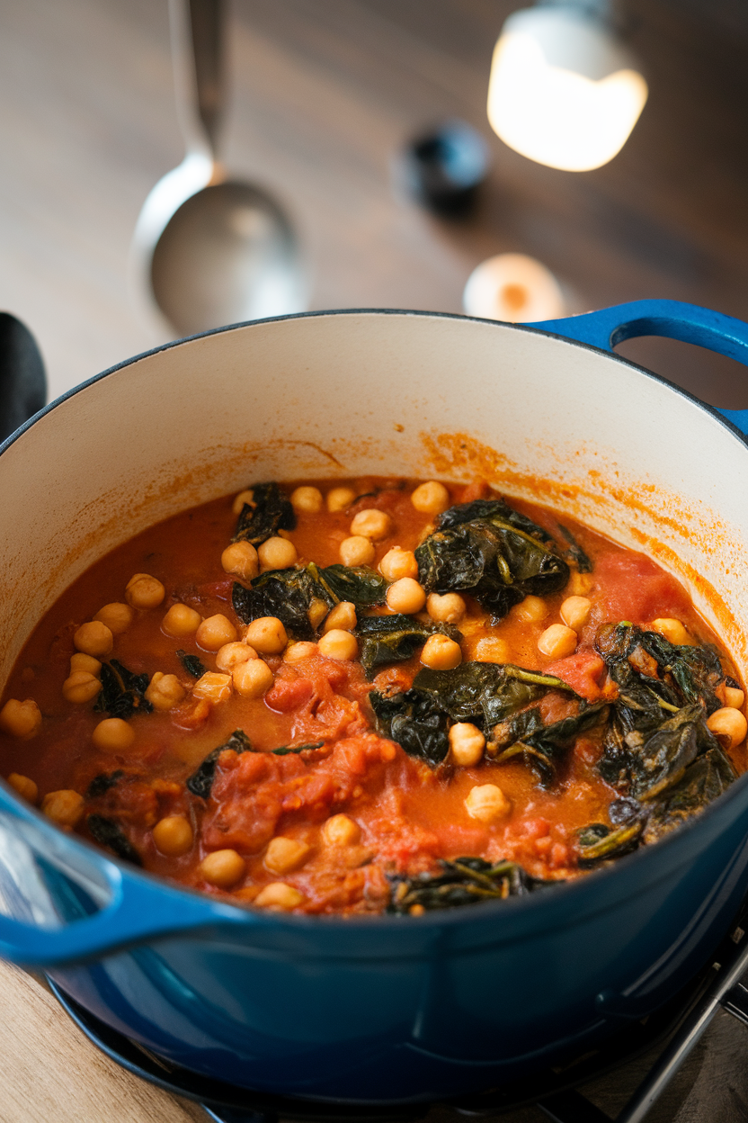 An indoor Dutch oven showing a simmering tomato-based stew with chickpeas and wilted spinach, steam visible. No branding or text.