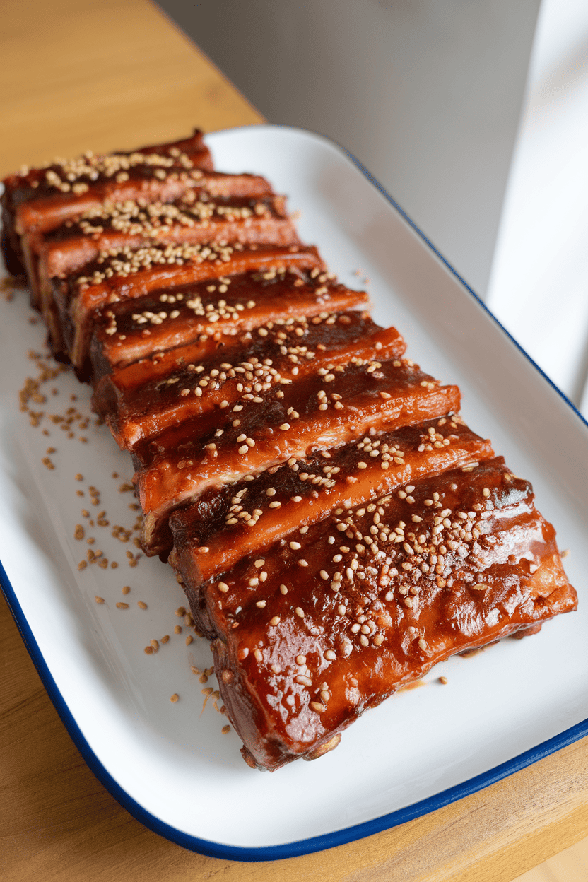 Photo of cooked flanken-cut short ribs glazed with Korean barbecue sauce, sprinkled with sesame seeds on a white platter indoors. No visible logos or text.