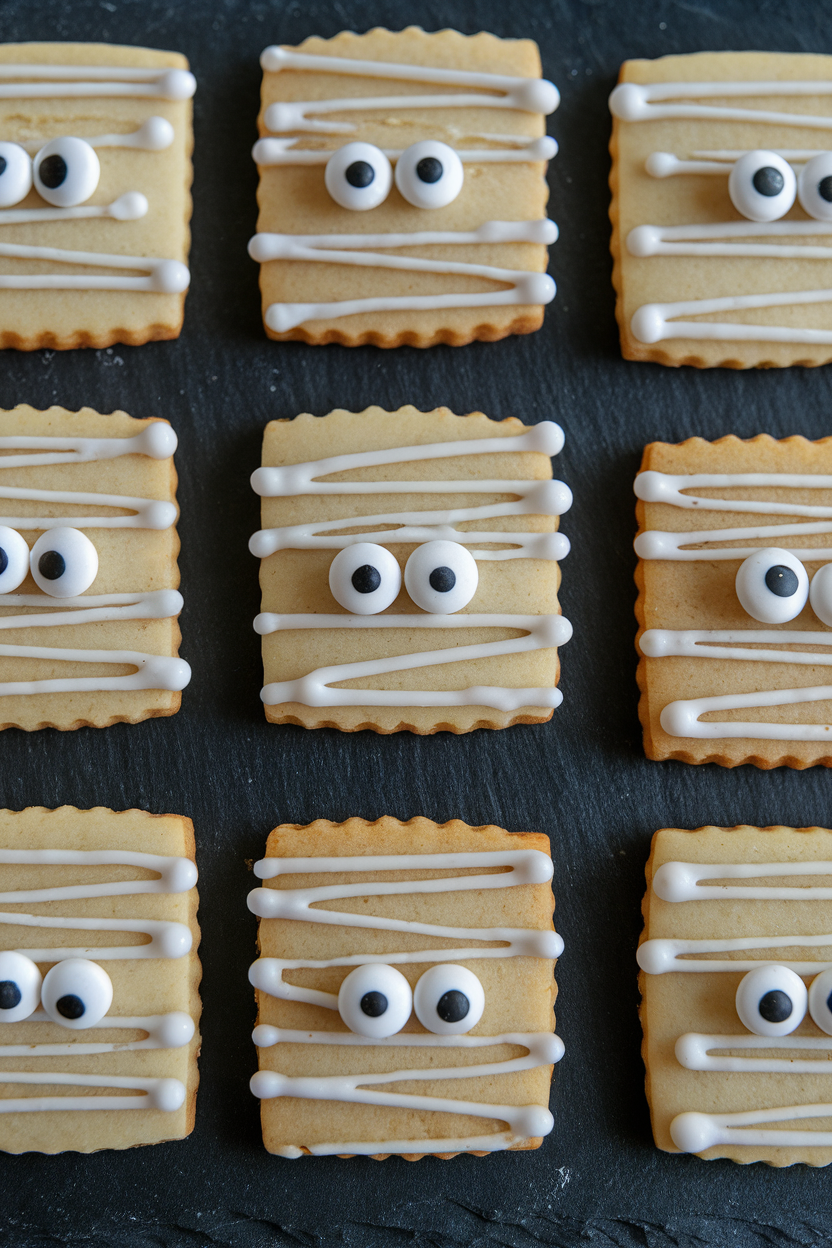 Indoor photo of rectangular sugar cookies wrapped in zigzag white icing bands with candy eyes peeking through, displayed on a slate board, no text or logos.