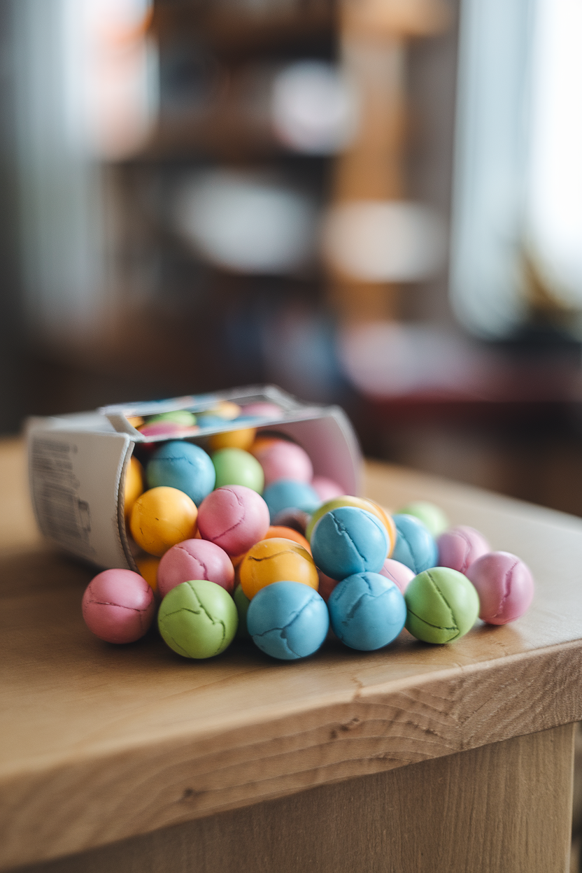 Photo of indoor wooden surface with multicolored jawbreaker spheres spilled from a small carton, layers visible on cracked piece, no logos