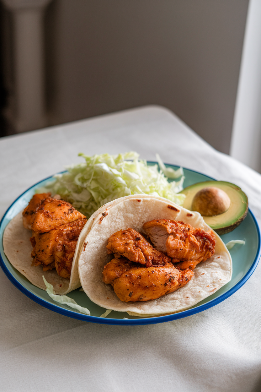 Indoor photo of garlic-lime chicken pieces nestled in soft tortillas with shredded cabbage and avocado slices; table setting, no text or logos