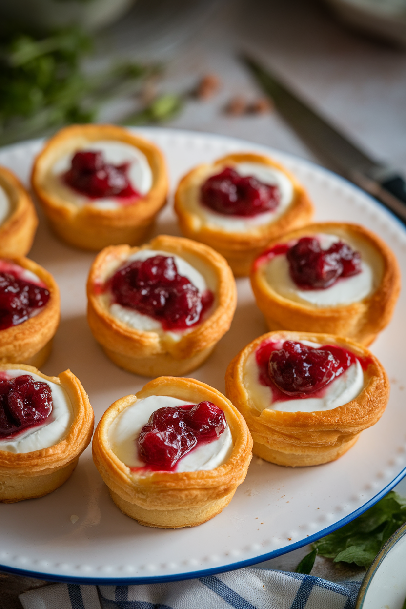 An indoor photo of golden mini puff-pastry cups filled with melted Brie and ruby cranberry sauce on a white platter; soft lighting, no text or logos.