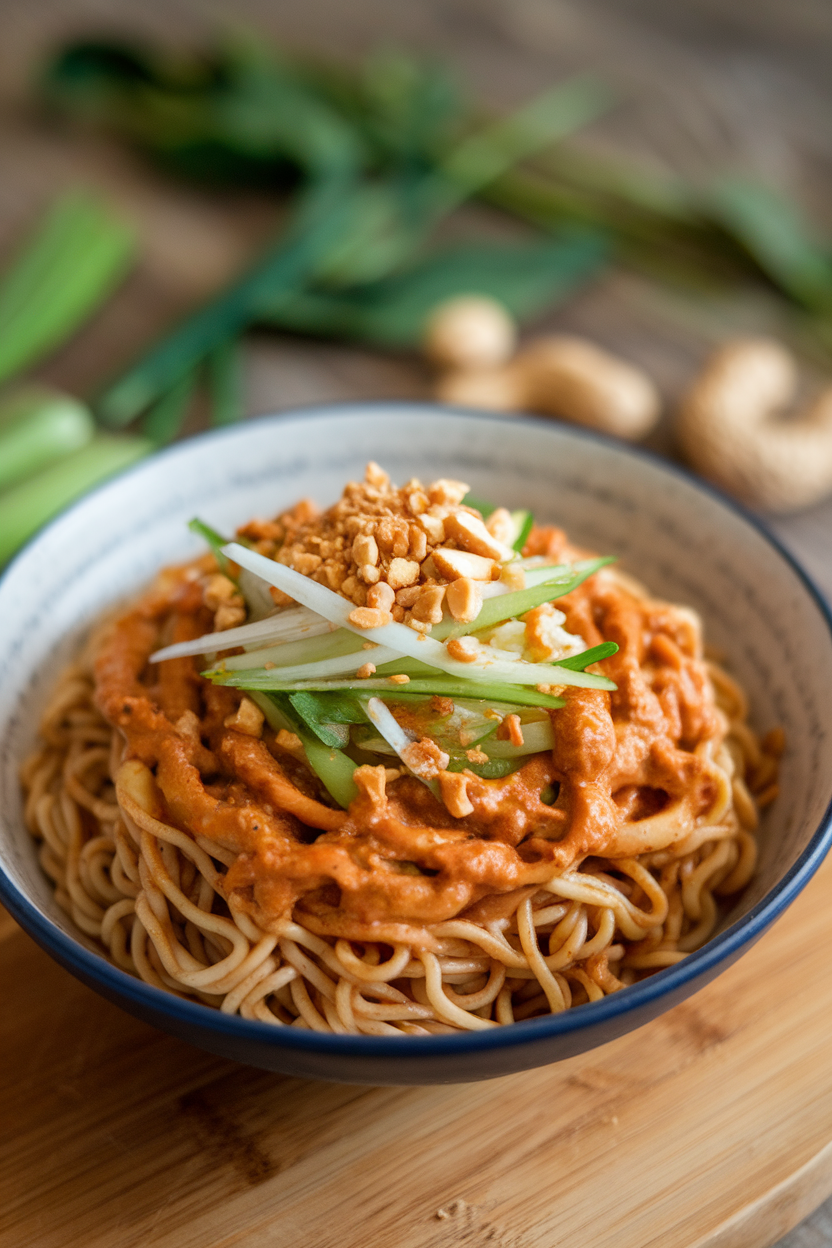 An indoor bowl of rice noodles coated in peanut-ginger sauce with julienned veggies and crushed peanuts on top. No logos or text, photo style.