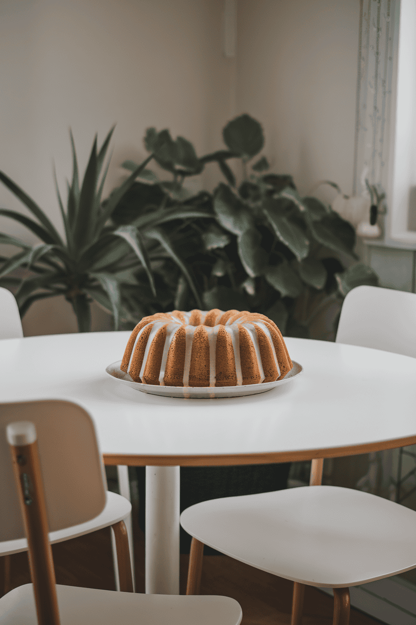 Indoor breakfast nook showing a bundt cake with visible poppy seeds and a light orange glaze dripping down the ridges. No text or logos. Photo only.