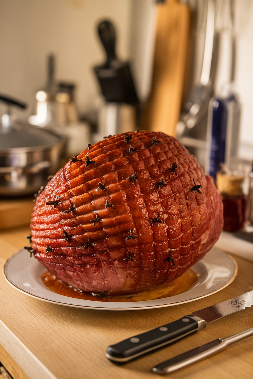 Indoor kitchen counter view of a spiral-cut ham brushed with glossy brown sugar glaze, cloves visible on the surface. No text or logos. Photo.