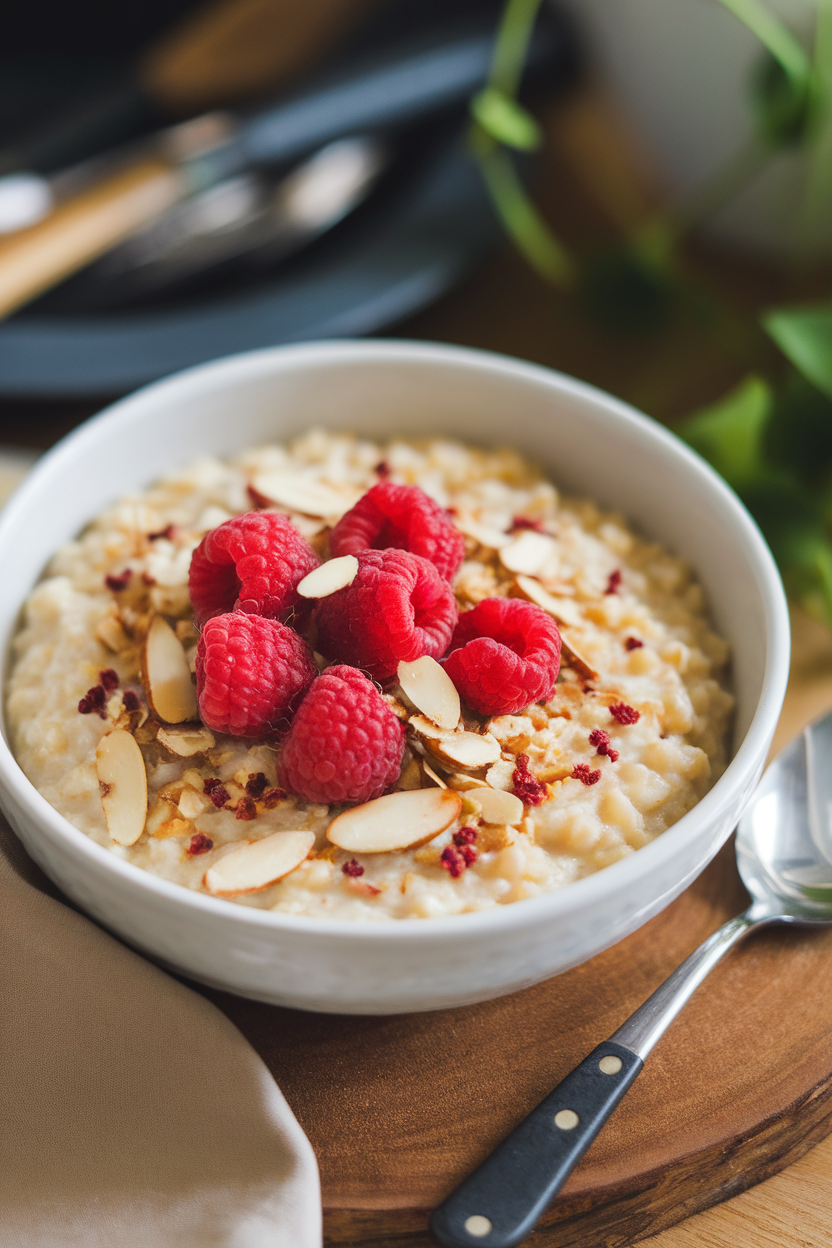 An indoor bowl featuring warm cauliflower rice porridge topped with sliced almonds and raspberries. Photo only, no text or logos.