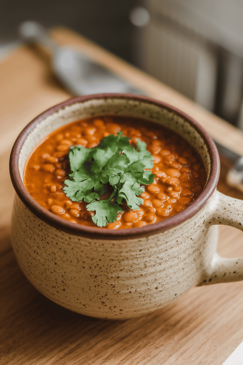 Photo of a ceramic mug indoors with thick red lentil soup, sprinkle of cilantro, no text or logos.
