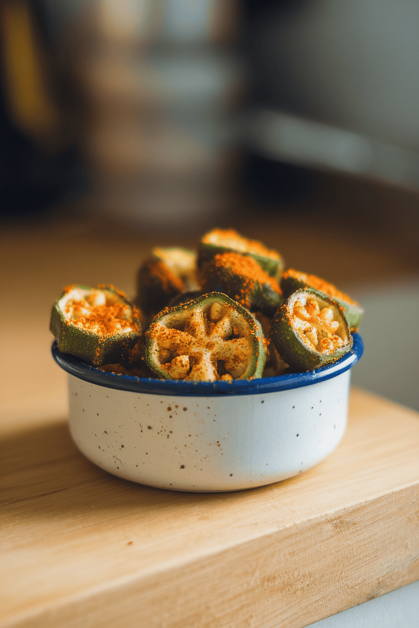 Indoor photo of crispy okra rounds dusted with Cajun spices in a small enamel bowl. No branding.