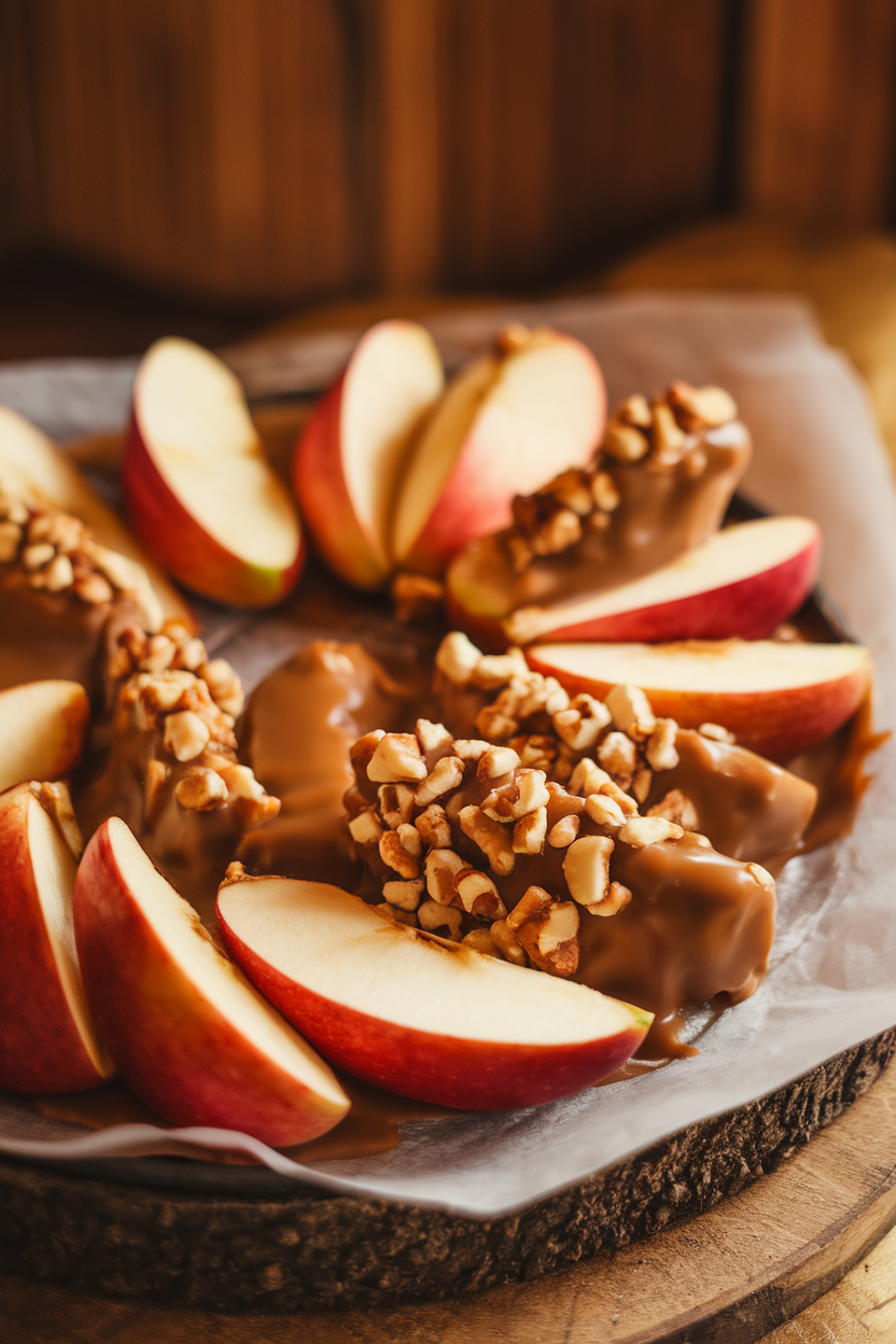 Indoor platter of apple wedges half-dipped in caramel, some coated with chopped nuts, chilled on wax paper. No text or logos.