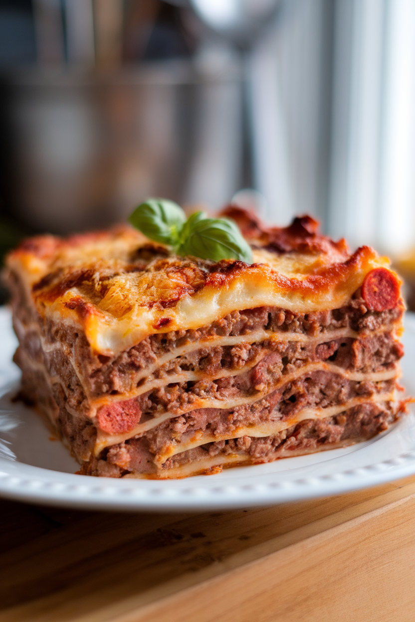 Indoor photo of a slice of meat-heavy lasagna on a white plate, layers of sausage, beef, and cheese visible, no text or logos. Photo, not illustration.