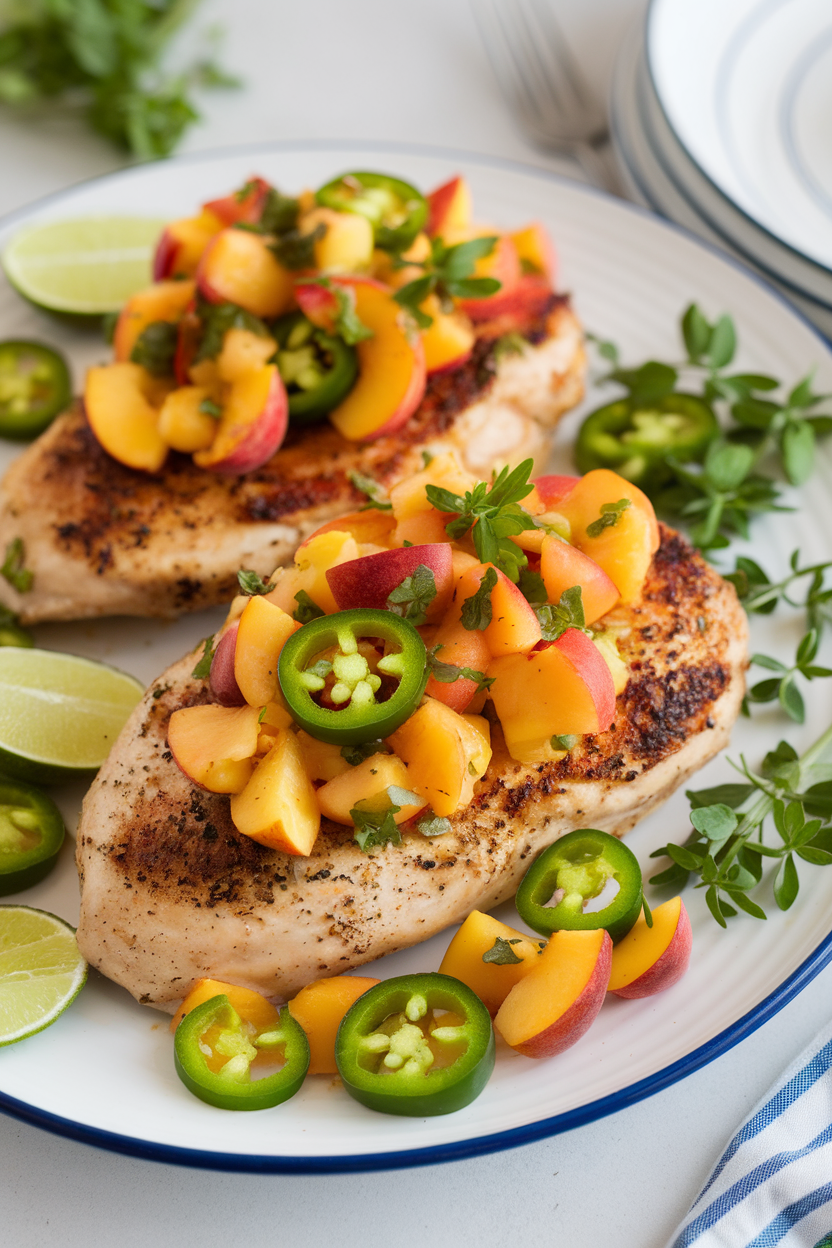 Indoor photo of chicken breasts topped with garlic-peach jalapeño salsa, arranged on a summer-style plate; bright kitchen lighting, no text or logos