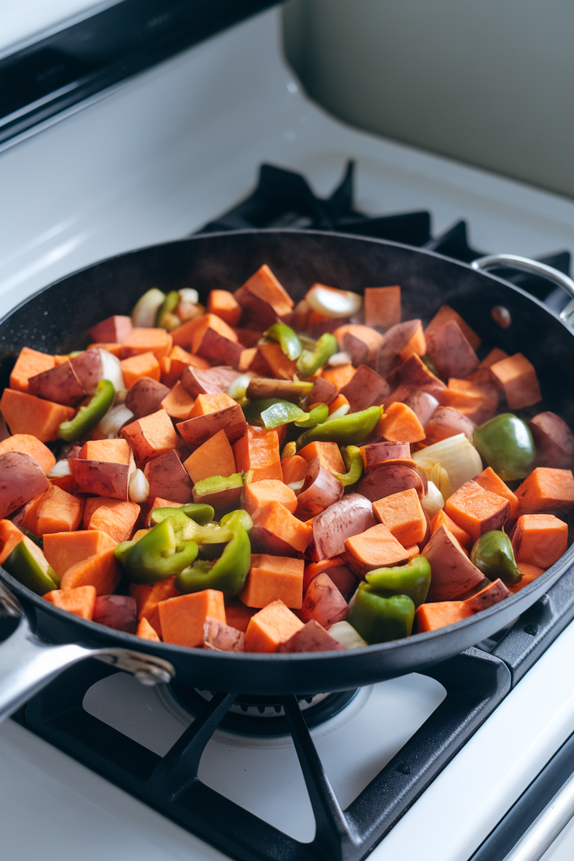 Skillet sitting on an indoor stove filled with cubed sweet potatoes, bell peppers, and onions, all browned and steaming. No text or logos.