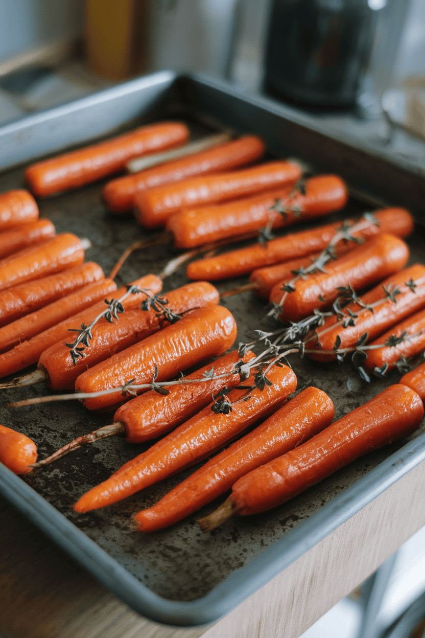 Indoor baking tray of roasted baby carrots glazed in orange juice, thyme sprigs visible, no logos
