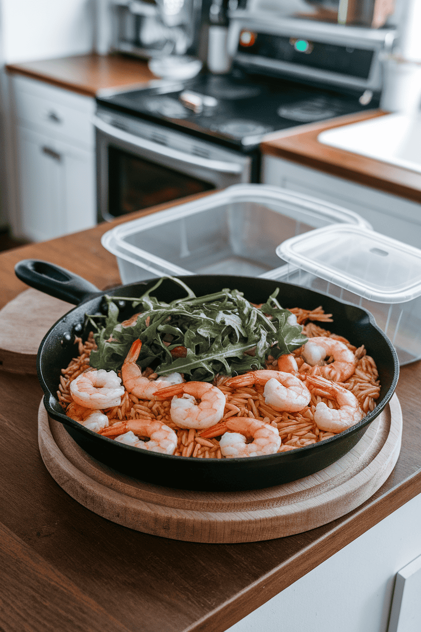 An indoor kitchen island featuring a skillet of cooked shrimp, orzo pasta, and wilted arugula, ready to be scooped into containers. Photo only, no visible logos.