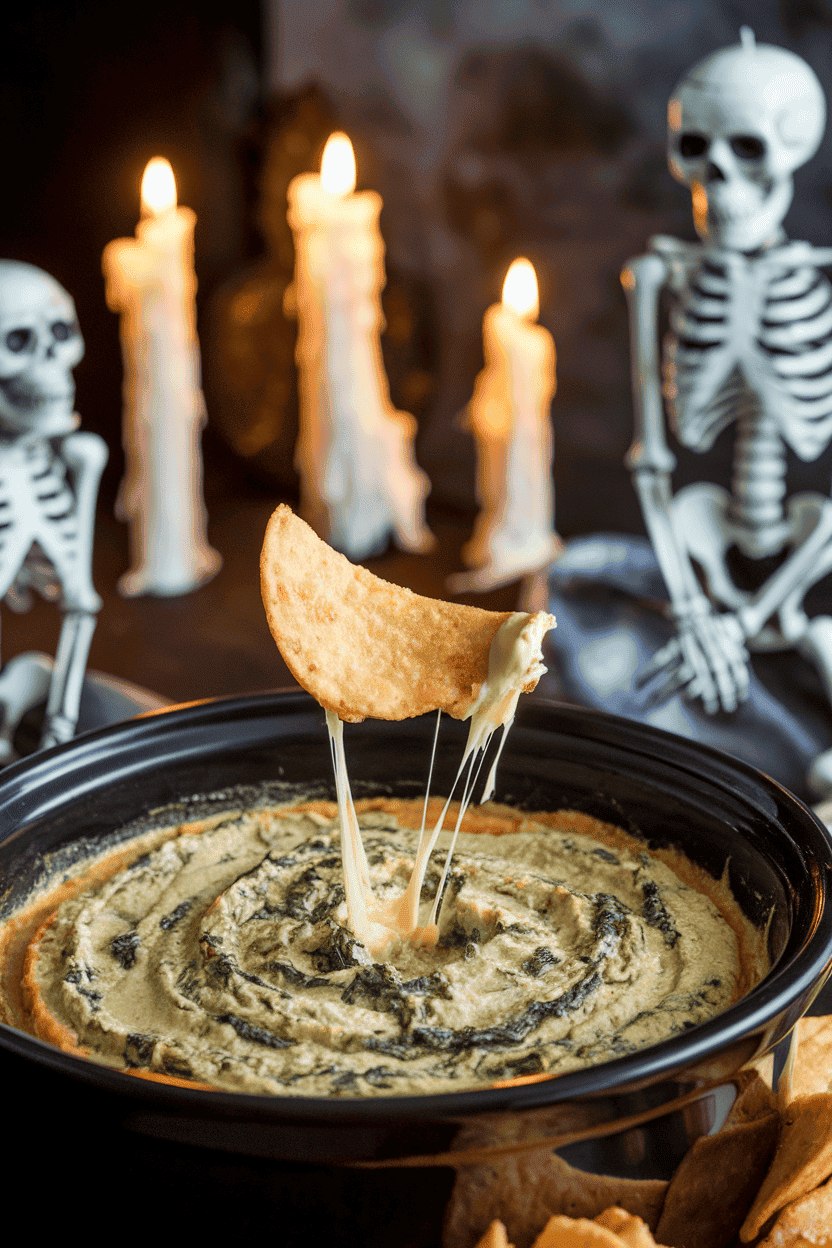 An indoor crock of bubbling green spinach-artichoke dip, cheese stretching as a chip lifts out, dim candlelight for spooky ambience. Photo only; no logos.