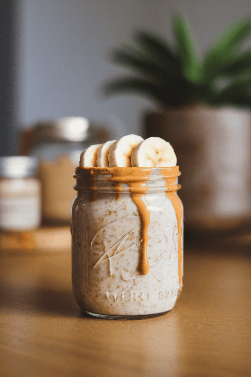 A small indoor mason jar filled with creamy oats, topped with banana slices and a dollop of natural peanut butter swirling down the sides. No text or logos. Photo, not illustration.