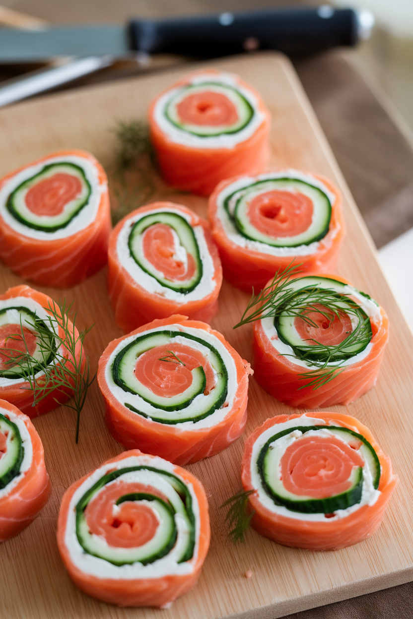 Indoor cutting board image of smoked salmon slices spread with cream cheese and rolled with cucumber strips and dill, sliced into pinwheels. No text or logos.