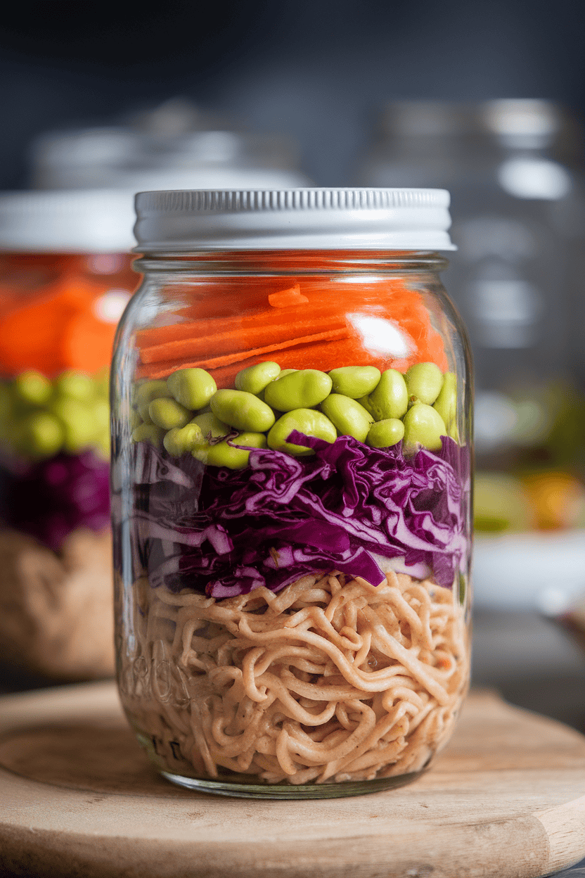 Indoor photo of a mason jar layered with buckwheat soba noodles, shredded red cabbage, edamame, and julienned carrots, no text or logos.