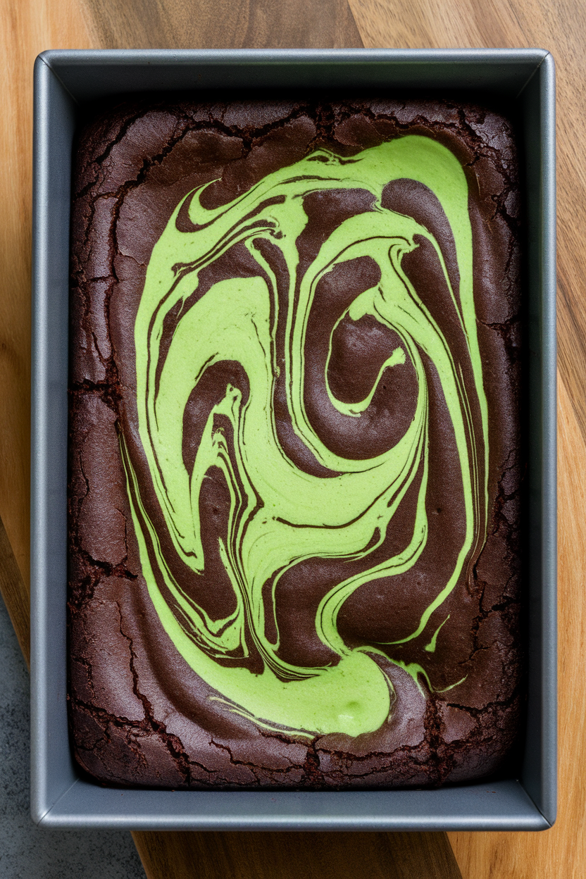 An indoor brownie pan showing dark chocolate brownies marbled with vibrant green matcha cheesecake swirls. Photo only, no text or logos.