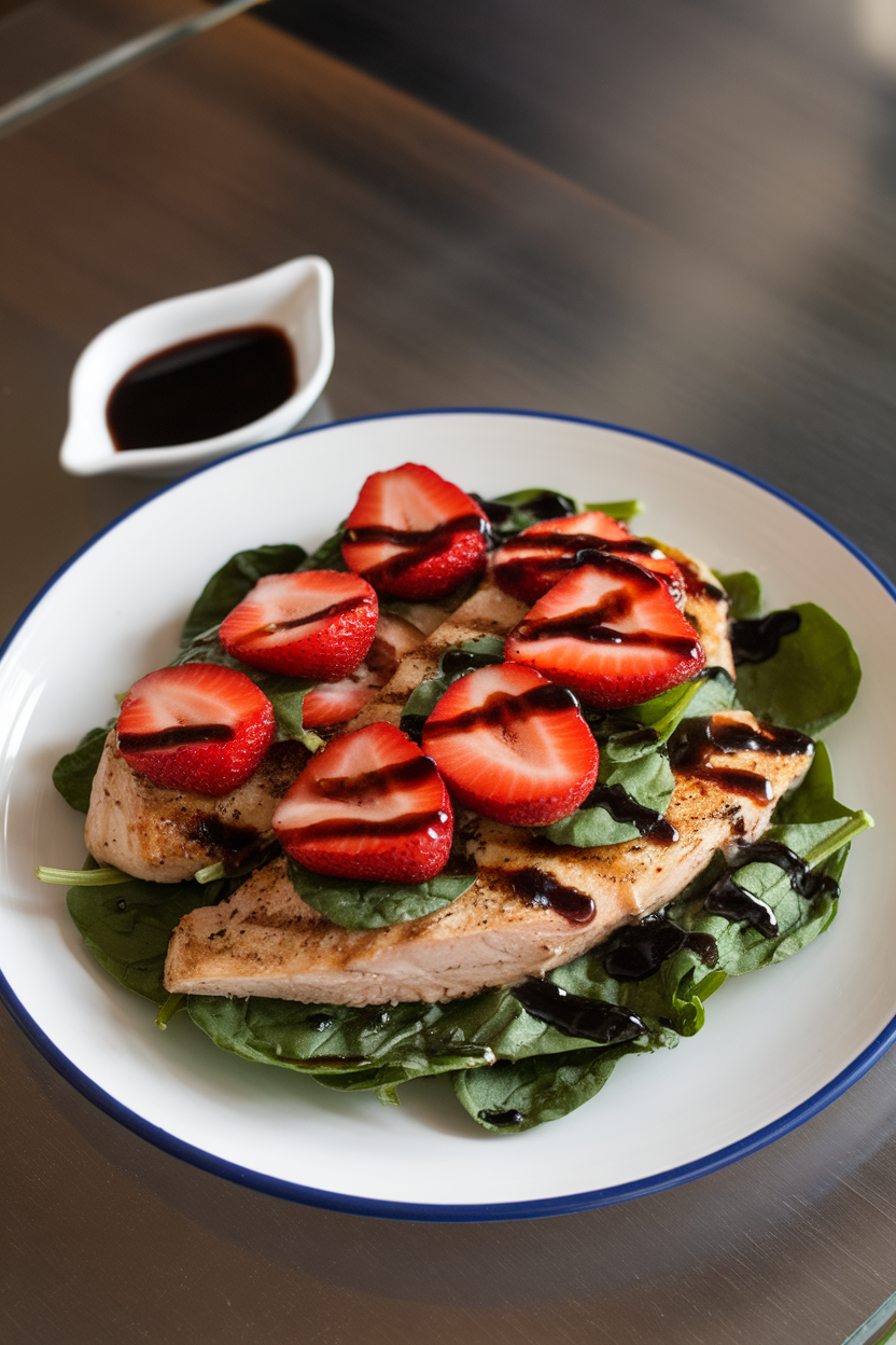 A plate on an indoor dining table displaying grilled chicken breast topped with spinach, sliced strawberries, and balsamic glaze. No logos or text, photo style.