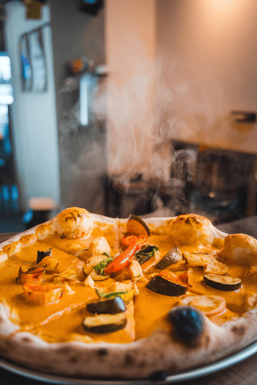 Indoor curry-house vibe shot of a pizza topped with roasted vegetables on golden curry sauce, steam rising like potion mist. No text or logos.
