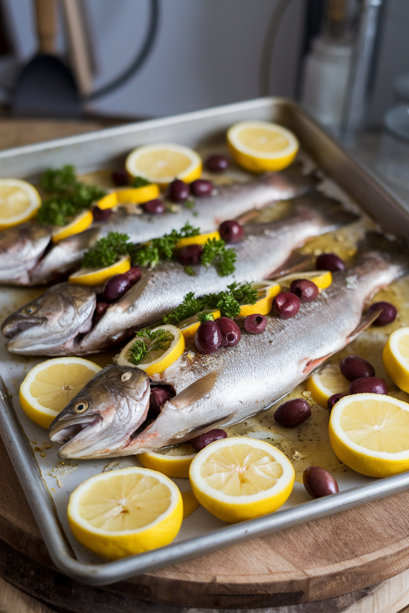 A baking sheet indoors featuring whole cooked trout stuffed with chopped olives, parsley, and lemon slices. No text or logos.
