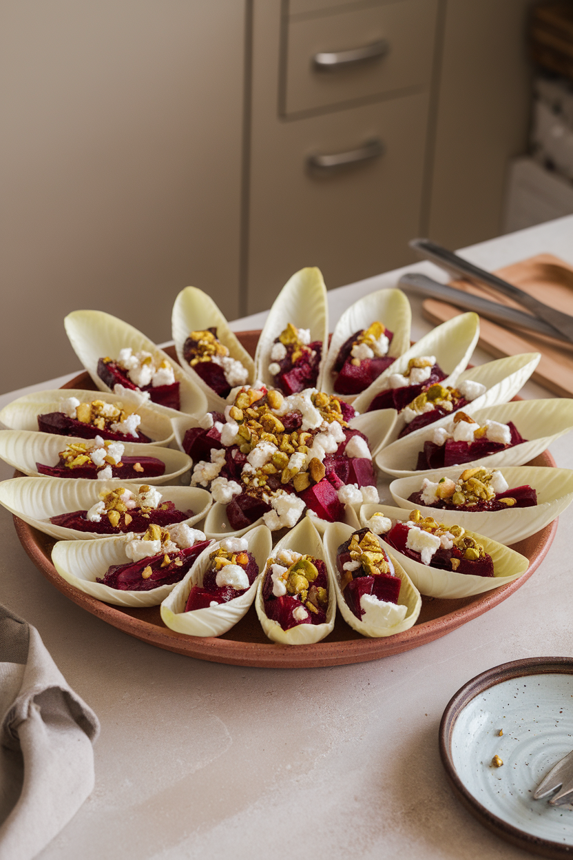 Indoor kitchen counter featuring pale endive leaves filled with diced roasted beet, crumbled feta, and crushed pistachios, arranged on a ceramic platter. No text or logos. Photo only.