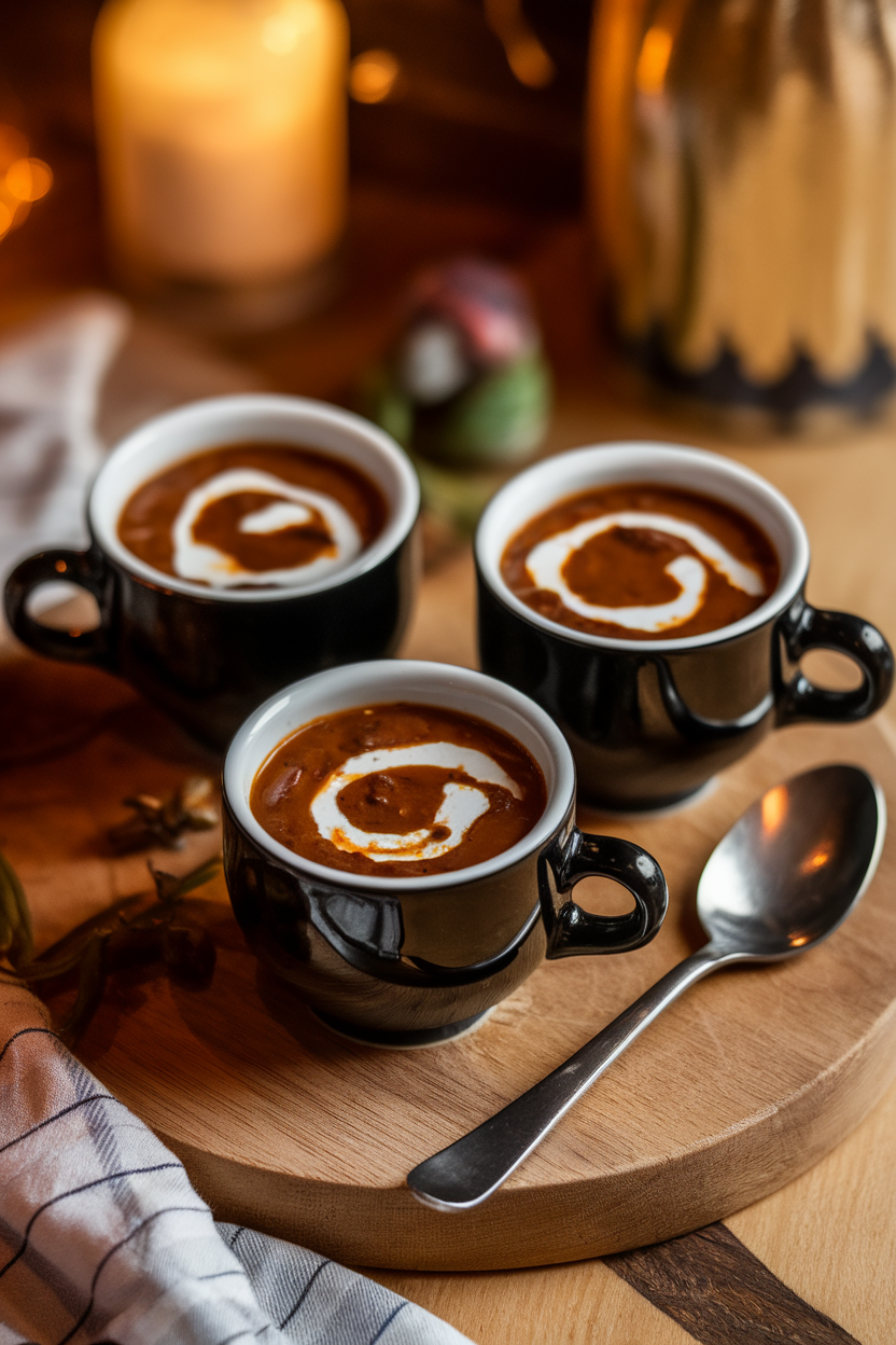 Photo of black espresso cups filled with creamy black bean soup, swirl of sour cream, indoor setting. No text or logos.