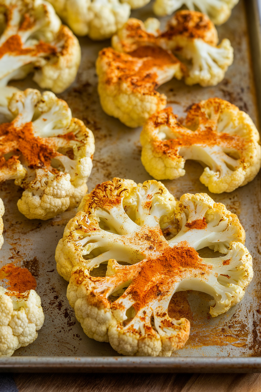 Thick cauliflower “steaks” roasted with curry spices on a sheet pan indoors; no text or logos. Photo only.