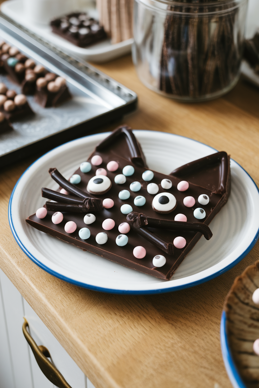 Indoor countertop with a slab of dark chocolate bark studded with candy eyes and black licorice pieces arranged as cat ears. Photo, no text or logos.