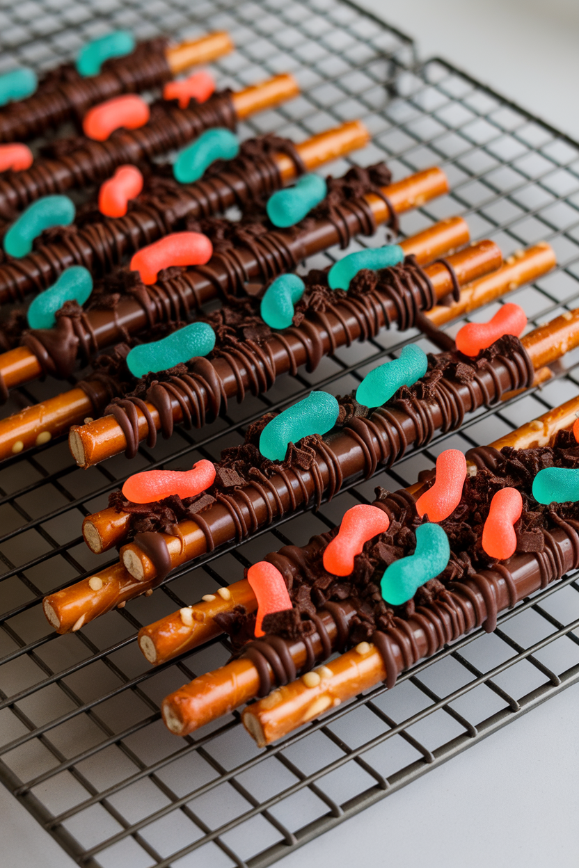 Indoor baking rack holding chocolate-coated pretzel rods topped with gummy worms and crushed cookie “dirt.” Photo, no text or logos.