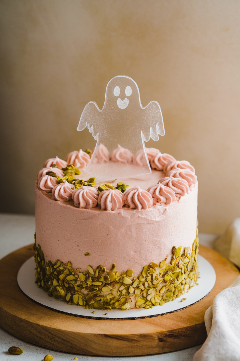 Indoor photo of a pistachio cake with rosewater frosting and translucent sugar sheet ghost rising from the top. No text or logos.