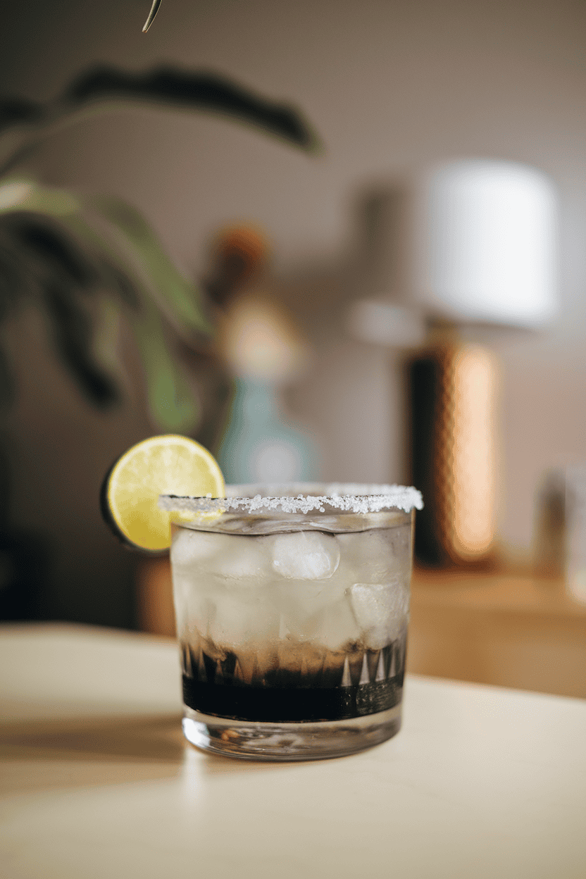 Indoor rocks glass of charcoal-black margarita with salted rim and lime wedge, no logos or text.