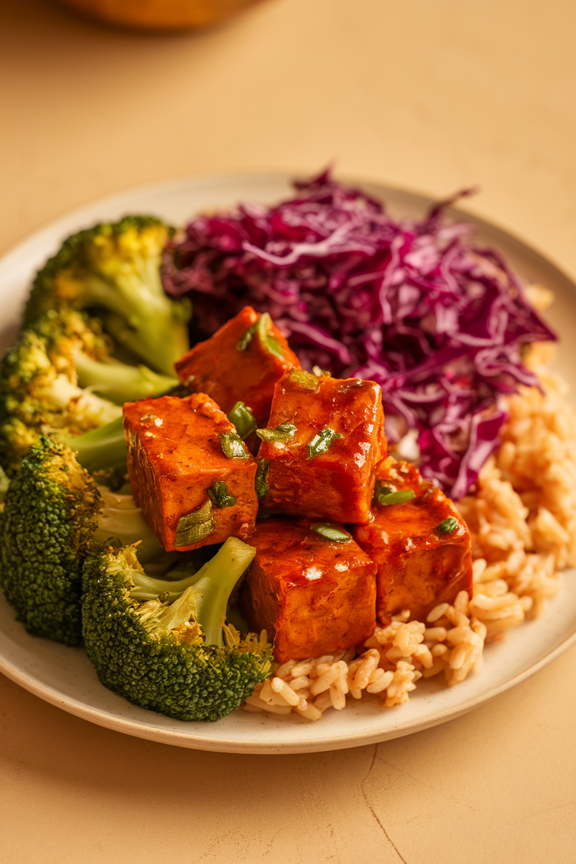 An indoor meal-prep dish with cubes of glazed tempeh, steamed broccoli, brown rice, and shredded red cabbage. No text or logos visible; photo only.