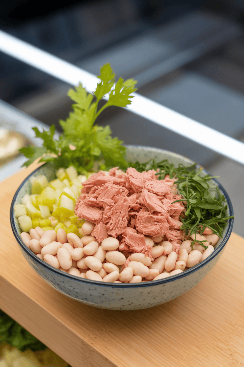 Indoor photo of a bowl filled with white beans, flaked cooked tuna, chopped celery, and herbs, light overhead, no text or logos.
