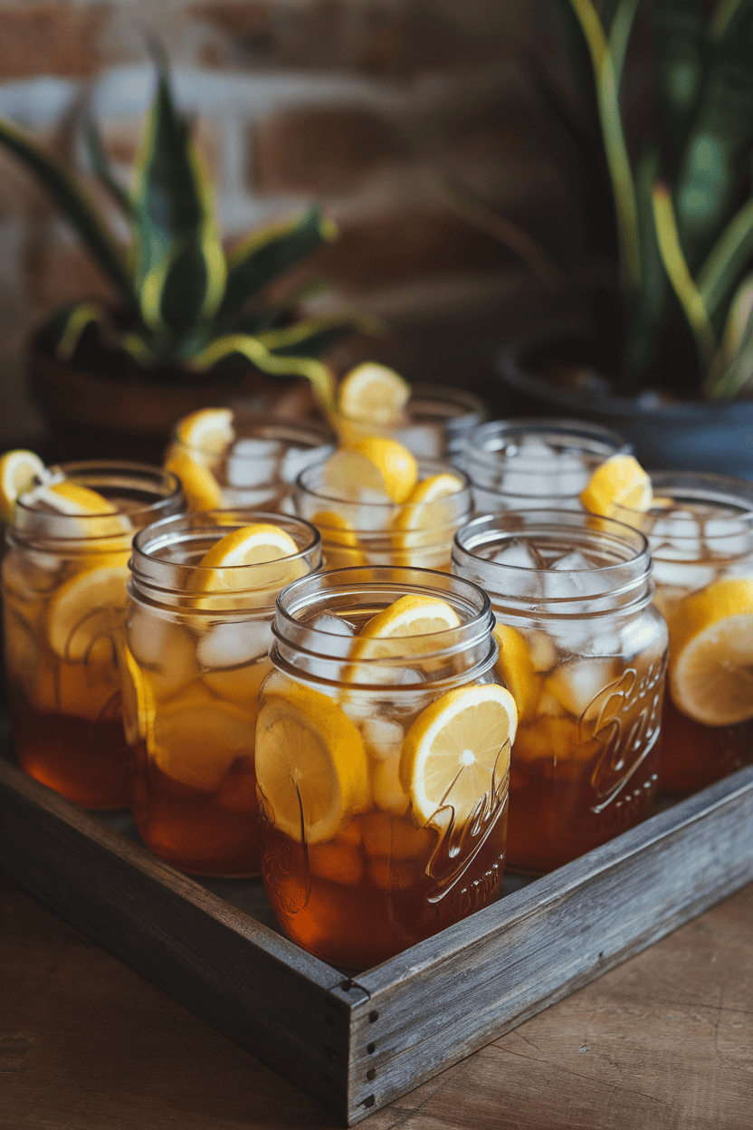 Photo of mason jars of sweet iced tea with lemon slices and plenty of ice, arranged on an indoor tray. No logos or text visible.