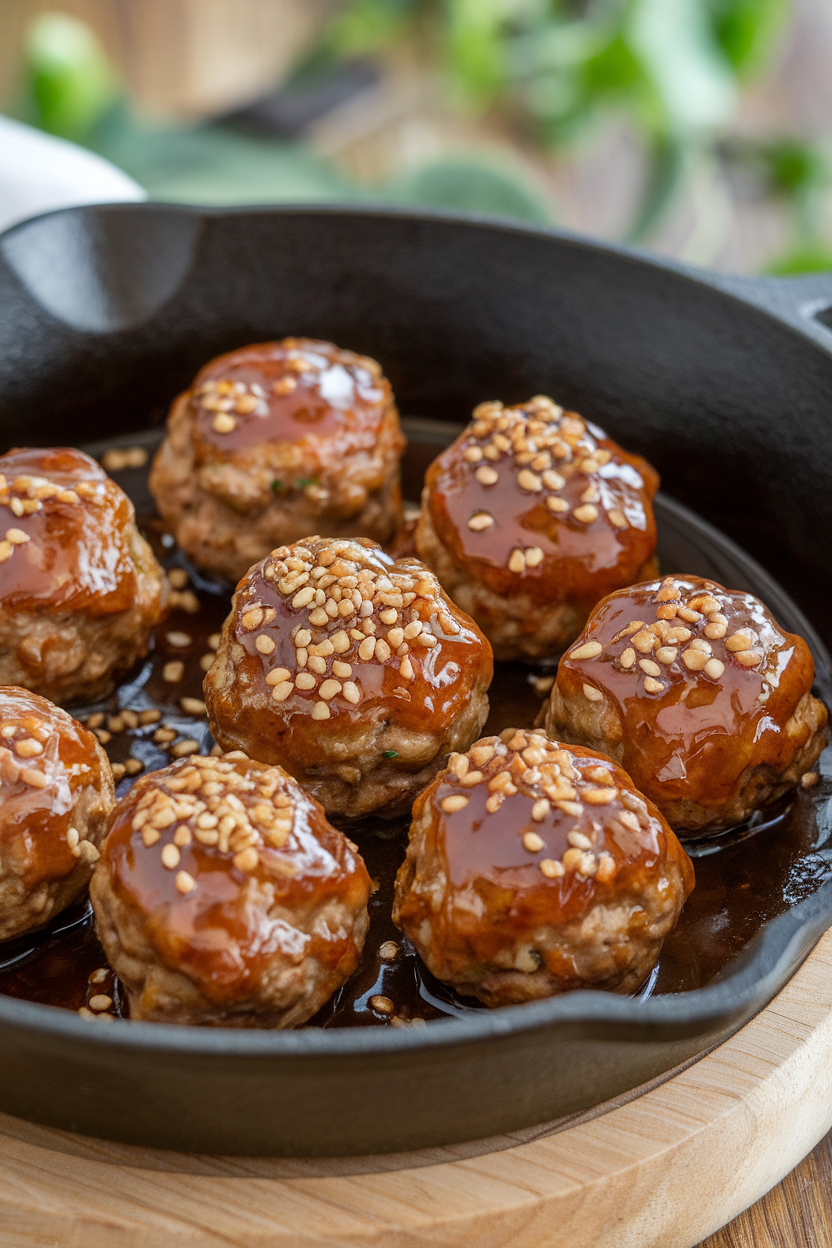An indoor skillet of meatballs coated in shiny ginger-soy glaze, sesame seeds sprinkled on top. No logos or text. Photo only.