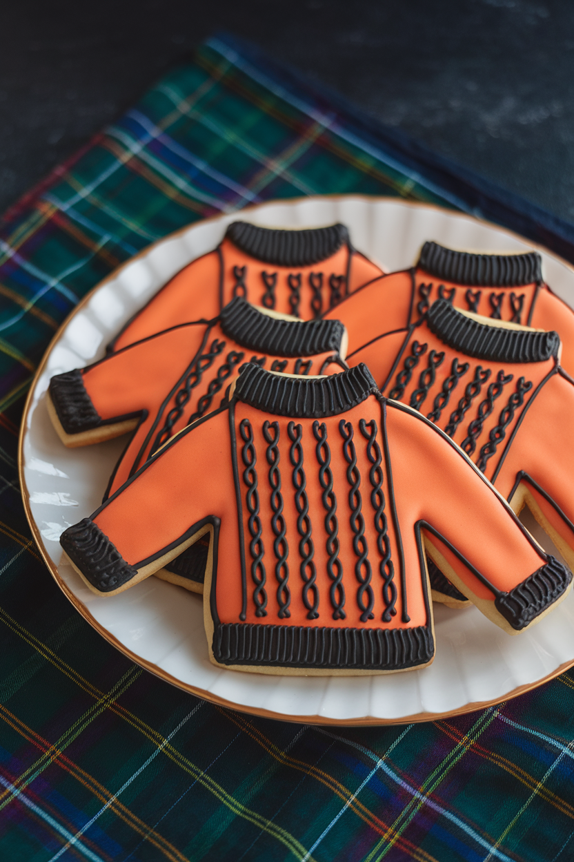 Indoor photo of sweater-shaped cookies iced in orange and black with piped cable-knit textures, laid on a plaid cloth, no text or logos.