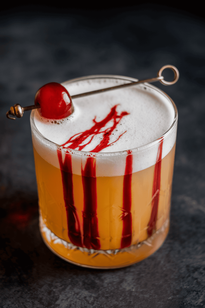 Indoor oak bar with a rocks glass of foam-topped whiskey sour tinged with deep red streak from cherry juice, maraschino cherry pierced by cocktail pick; no text or logos.