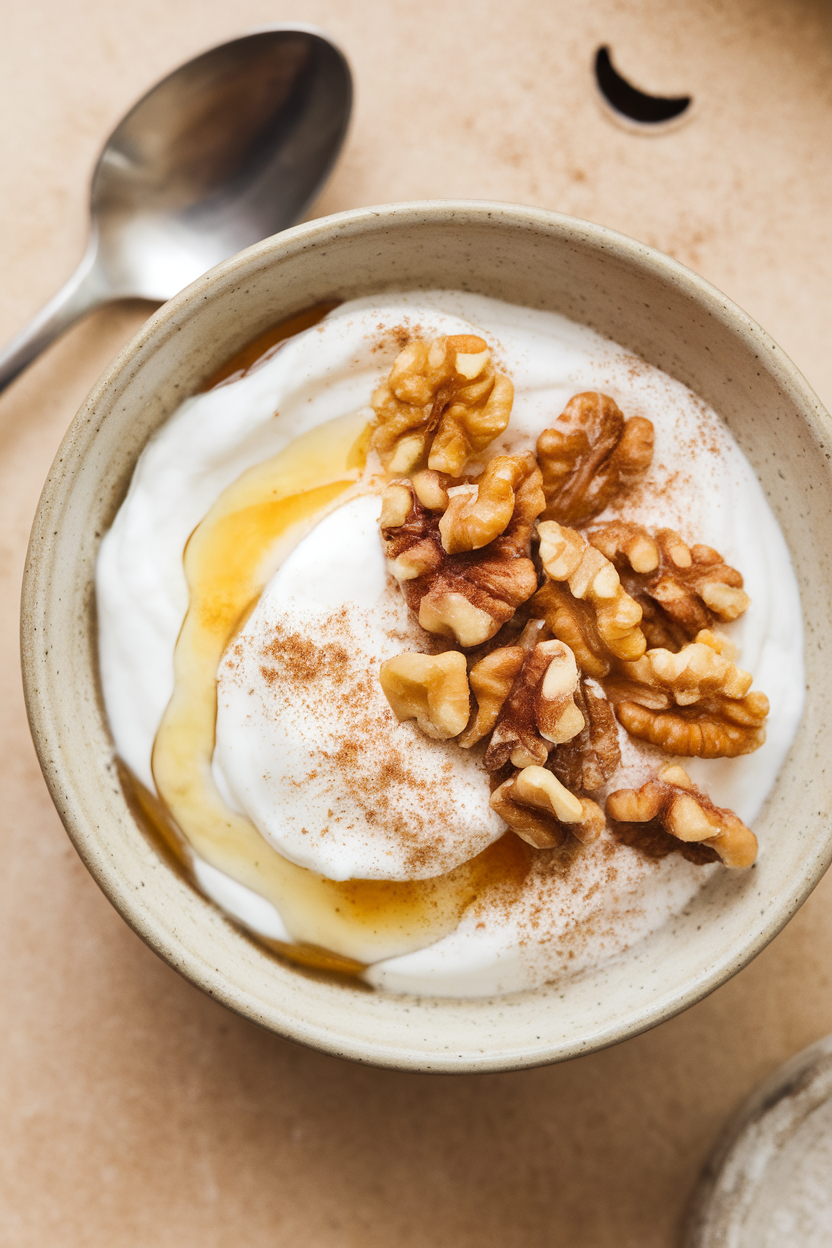 An indoor ceramic bowl of creamy yogurt drizzled with honey, topped with chopped walnuts and a sprinkle of cinnamon, spoon resting beside. No text or logos. Photo, not illustration.
