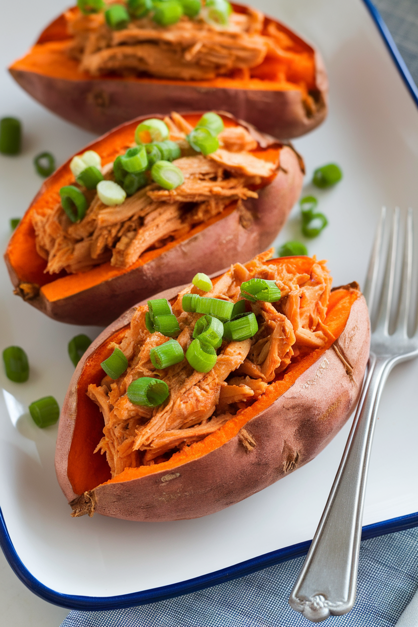 Photo of halved cooked sweet potatoes stuffed with shredded barbecue chicken and topped with chopped scallions, plated indoors. No text or logos.