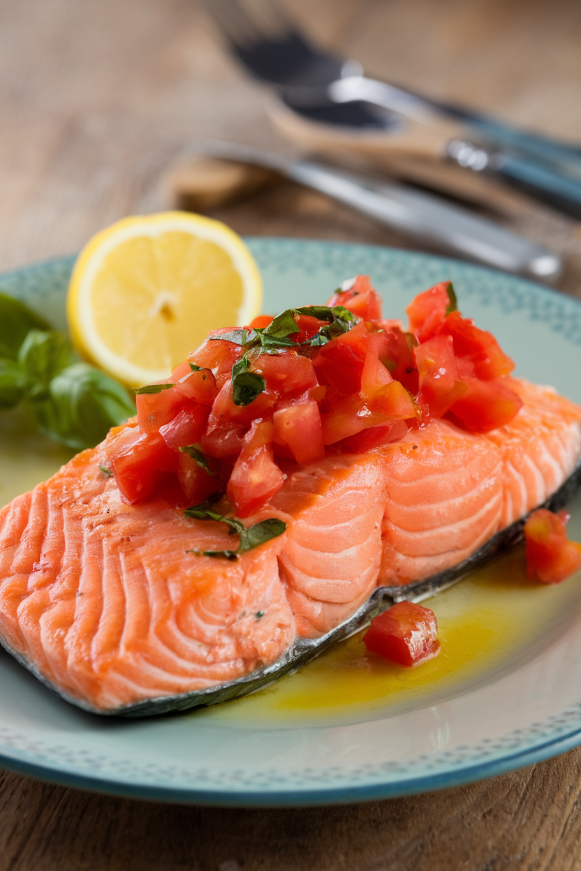 An indoor plate with a cooked salmon fillet topped with diced tomato, basil, and olive oil mixture, lemon wedge on the side. No logos or text.