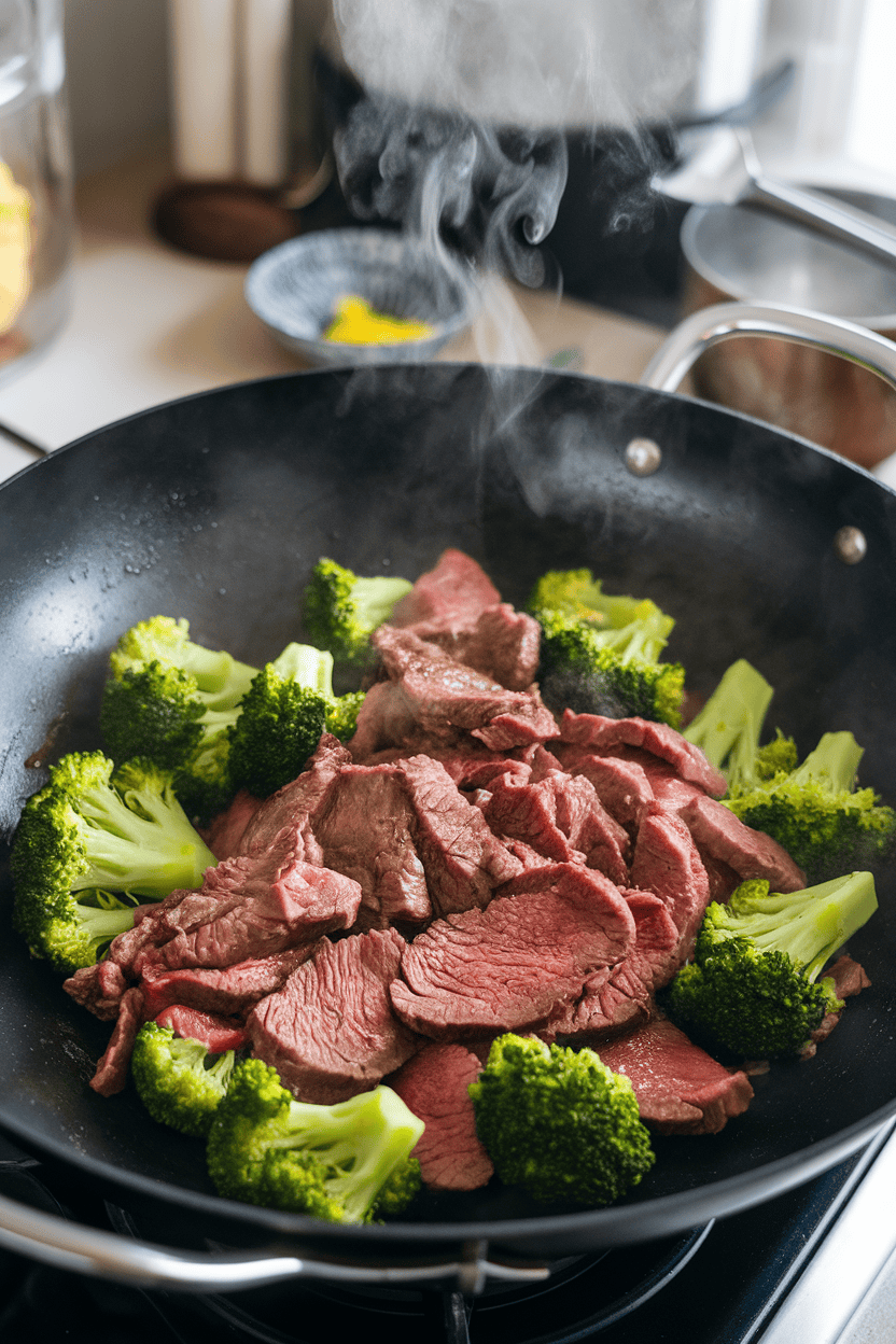 Indoor photo of a sizzling wok filled with sliced beef, bright broccoli florets, and glossy soy-ginger sauce, steam curling upward. No text or logos on cookware.