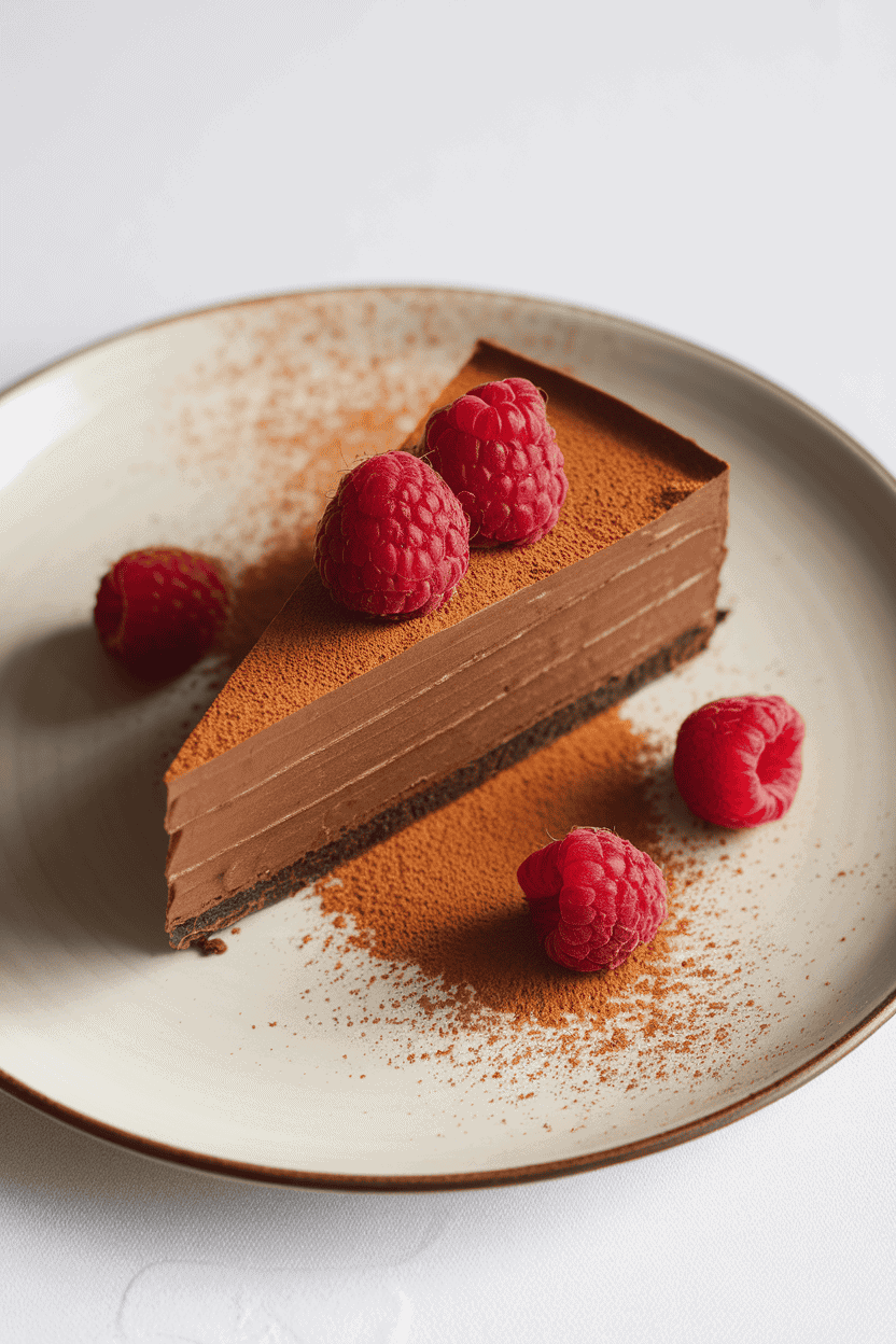 An indoor fine-dining dessert plate with a slim wedge of flourless chocolate torte topped by fresh raspberries and a light cocoa dusting. No text or logos. Photo only.