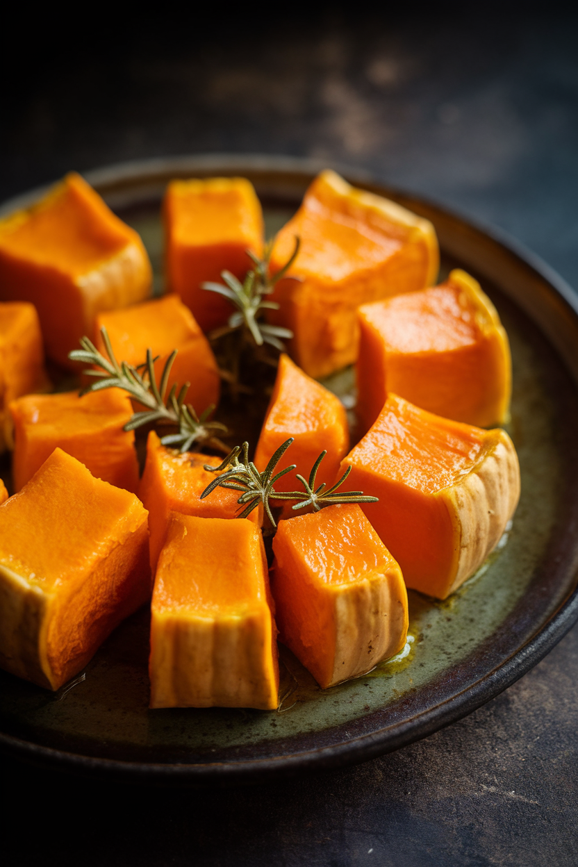 Indoor photo of roasted butternut squash cubes glowing under soft lighting on a dark ceramic plate, tiny rosemary sprigs tucked between pieces like pumpkin stems. No text or logos.