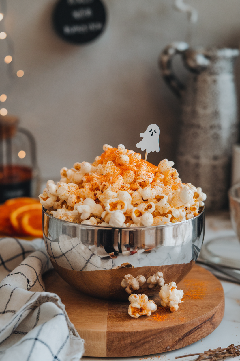 Photo of a stainless bowl of buttered popcorn dusted with orange spice, tiny ghost pepper icon pick, indoor environment. No text or logos.