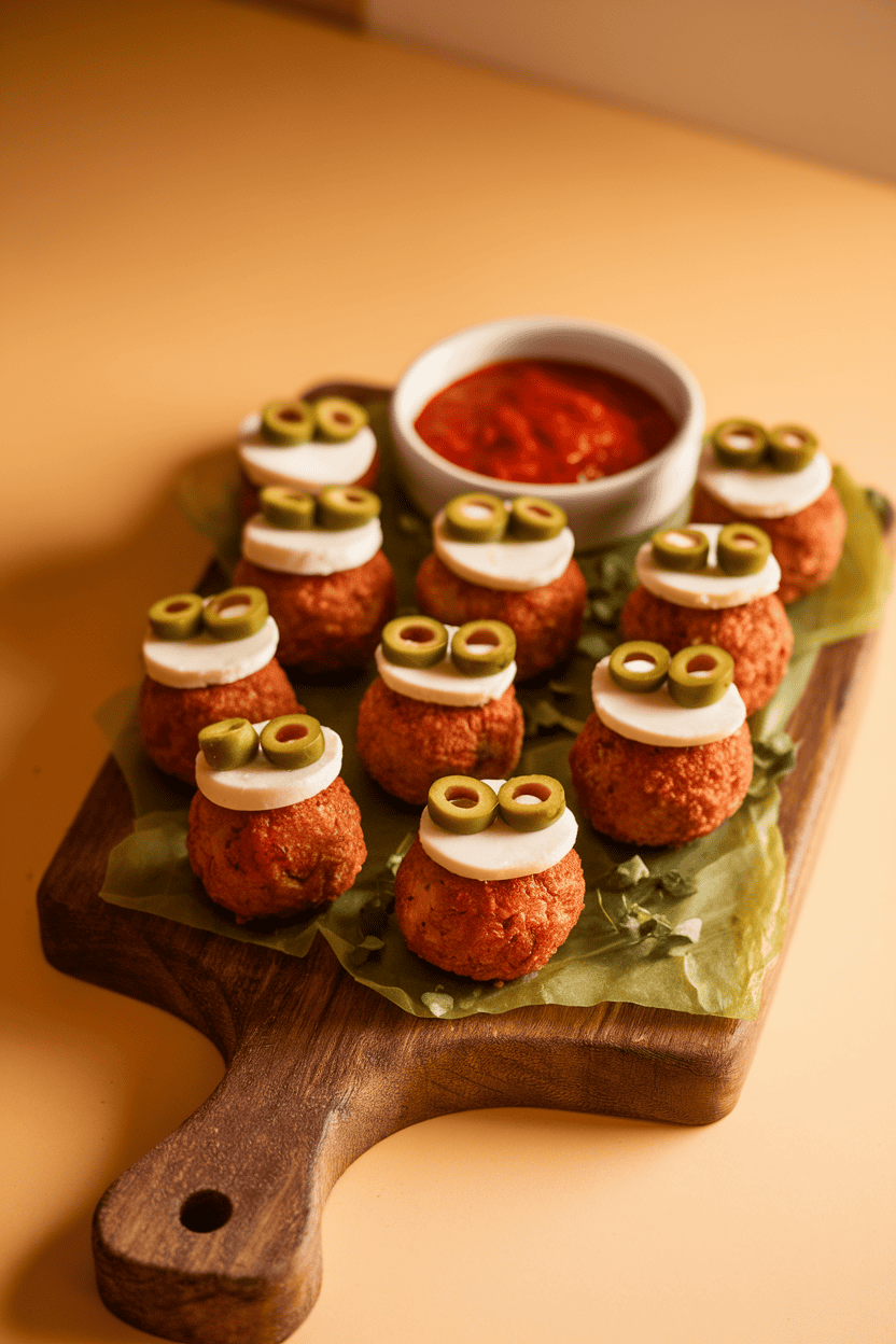 Warm indoor photo of cocktail meatballs topped with mozzarella rounds and sliced green olives to resemble eyes, arranged on a wooden board with marinara dipping bowl. No text or logos.