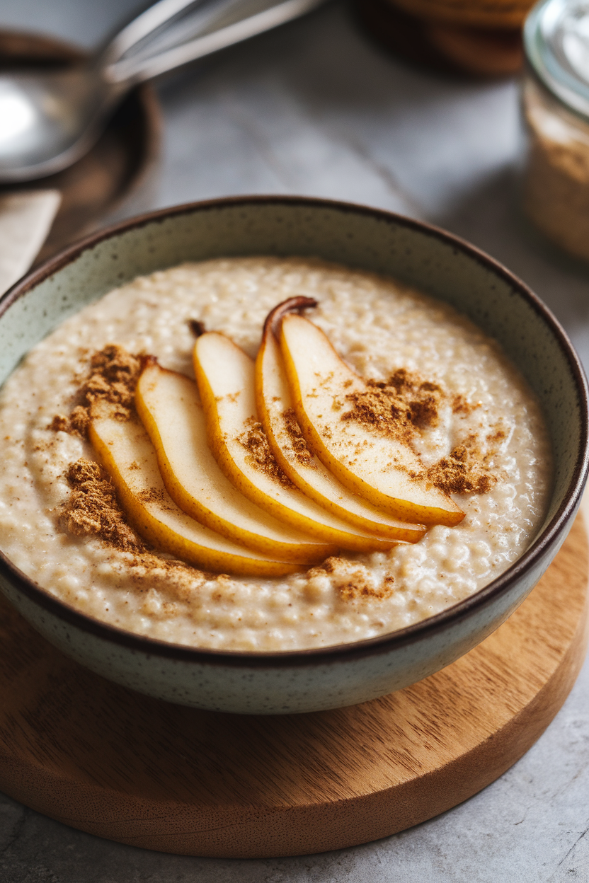 An indoor bowl of creamy millet porridge crowned with caramelized pear slices and ground cardamom. Photo only, no text or logos.